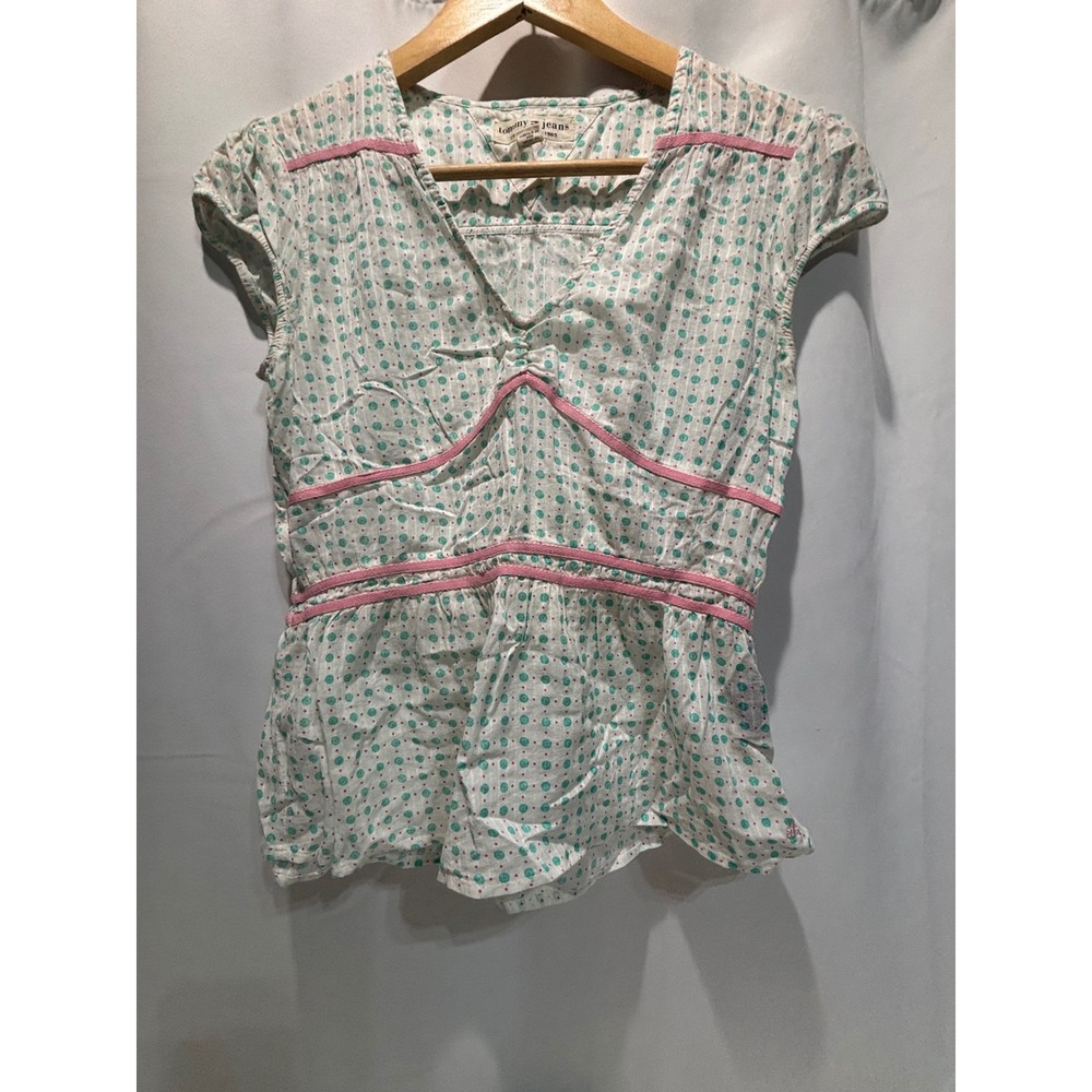 VTG‎ Tommy Jeans Peplum Top Kids M White Teal Pink Polka Dot Ribbon Trim 2004
